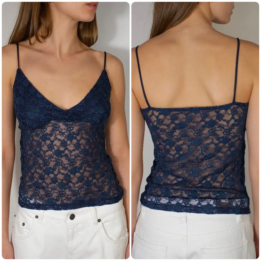 Subdued Womens Navy Blue Floral Lace Sheer Coquette Y2K Cami Top Size S